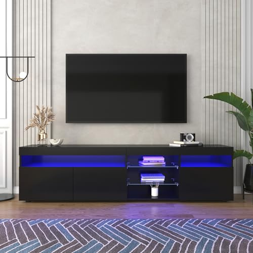 Generisch Meuble TV moderne de 180 cm pour salon et salle à manger, panneau clair, éclairage LED variable,Noir