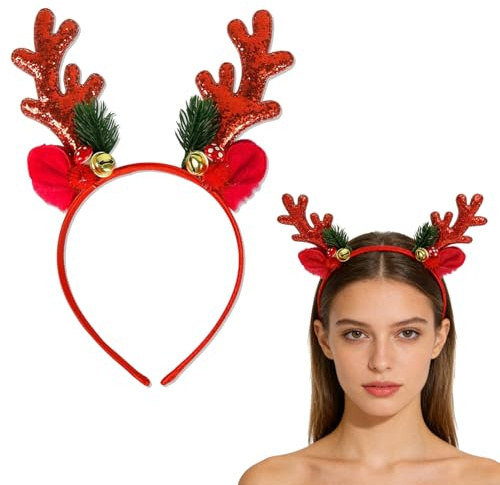 Haarreif Weihnachten Erwachsene, Neuheit Geweih Weihnachts Haarreif, Mode Weihnachten Stirnband, Glitzer Weihnachts Kopfschmuck, Antler Pailletten Weihnachtshaarreif, Für Weihnachtsfeier Party(Rot)