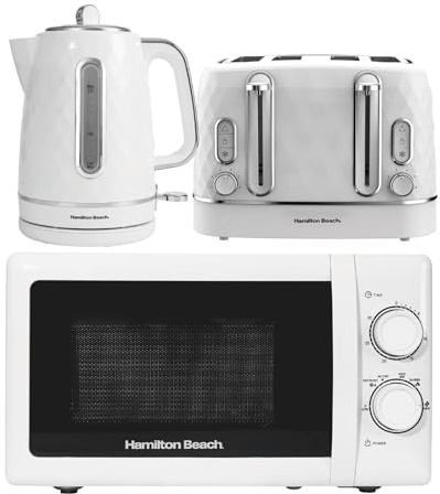 Hamilton Beach Kettle Toaster Microwave Set, Diamond, Kettle, 1.7L, Toaster 4 Slice, Microwave Oven, Stainless Steel Cavity, 20L, 700W, Kitchen Set, White - HBDIAWSSC