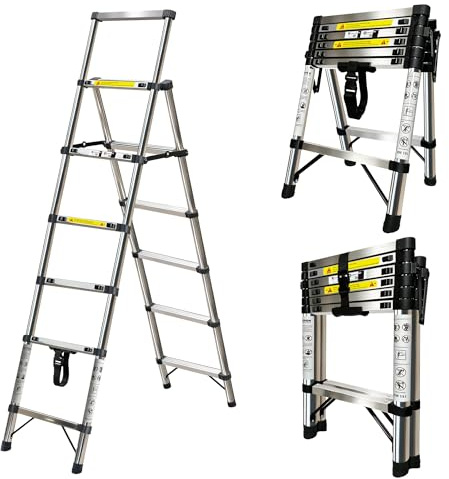 1.7+2m Escalera Plegable de Acero Inoxidable,Escalera 5+6 peldaños,Escalera TelescóPica Estructura en Forma de A,Escalera Extensible Bloqueo de Seguridad Carga máxima de 150 kg