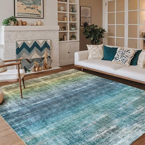 Kokia Abstrakter Teppich 160x230 cm Blaugrün Kurzflor fürs Wohnzimmer | Maschinenwaschbar, Rutschfest und weich, in Blaugrün fürs Schlafzimmer, Büro und den Farmhouse-Stil