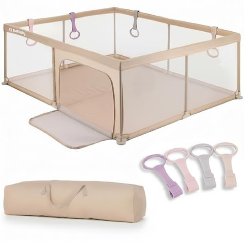 SUN BABY Laufstall 150 x 200 cm mit rosa Griffen - Beige | Netzseiten, Reißverschlusseingang, rutschfeste Füße und Tragetasche