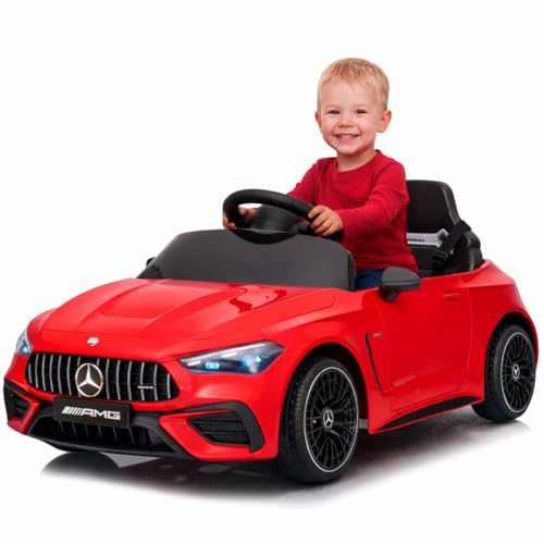 FINOOS Kinder Elektroauto 12V mit Fernbedienung – Mercedes CLE53 - AMG - Elektrofahrzeug - 2 türig - MP3 - Hupe - LED Leuchten - Bluetooth (Rot)