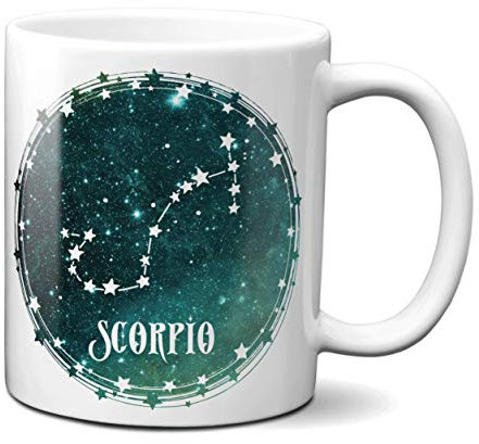 Tazza da caffè con segno zodiacale dello Scorpione, astrologia, costellazione, stelle, galassia, idea regalo unica, due disegni in 1 (325 ml)