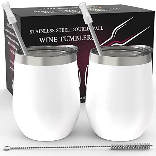 CHILLOUT LIFE Stainless Steel Wine Tumblers 2 Pack 12 oz - Double Wall Vacuum Insulated Wine Cups with Lids and Straws Set for Coffee, Wine, Cocktails (White)