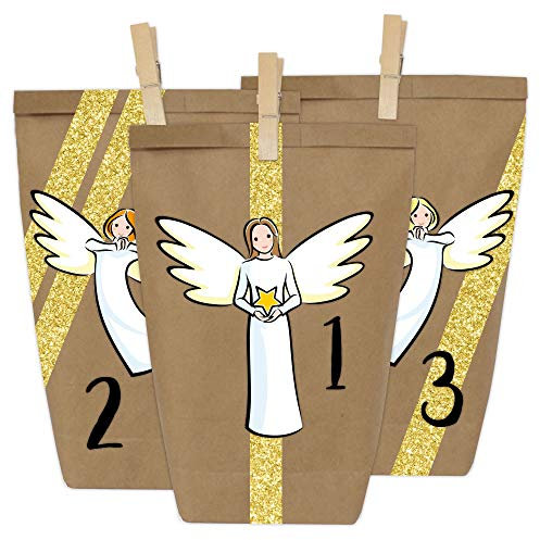 Papierdrachen DIY Adventskalender Kraftpapier Set - Engelchen zum Aufkleben - mit 24 braunen Papiertüten und Washi Tape zum selbst Befüllen und zum Selbermachen - Weihnachten