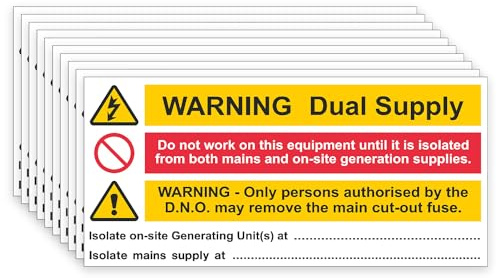iSigns Warning Signs (Dual Supply Notice), Pack of 10 Dual Supply Warning Labels, 130x60mm, Self-Adhesive Write-On Dual Supply Label, British HSE Standards Approved