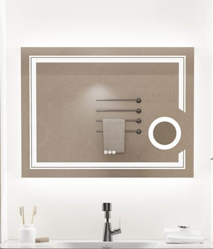 LUVODI Badspiegel mit Vergrößerungsspiegel Belechtung: LED Badezimmerspiegel 80x60 cm Schminkspiegel 3X Spiegel Vergrößerung - Smart Wandspiegel Touch Antibeschlag Dimmbar 3500K-6500K