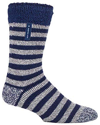 HEAT HOLDERS - Mens Warm Luxury Fluffy Fleece Lined Lounge Sleep Bed Socks (6-11 UK, Navy Stripe (Lumi))