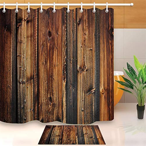 Nunubee Duschvorhang 180 x 180 cm Bedruckt Anti-Schimmel und Wasserabweisend Waschbar Shower Curtain mit 12 Ringe, Nostalgischer Stil der alten Holztür