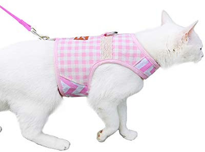 Yizhi Miaow Katzengeschirr und Leine zum Spazierengehen, ausbruchsicher, verstellbares Katzengeschirr, gepolstert, stilvolle Katzenweste, rosa kariert, Größe XL