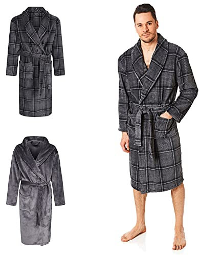 Light & Shade Portfolio - Accappatoio da uomo, morbidissimo, motivo a quadri, leggero, primaverile ed estivo, in pile, colore: antracite, taglia S/M