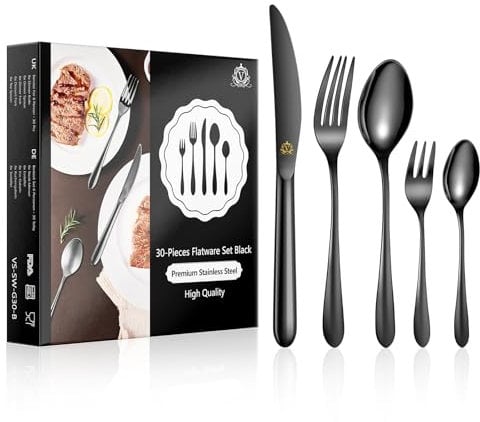 vancasso Besteck Set für 6 Personen, 18/10 Edelstahl Besteckset mit Messer/Gabel/Löffel/Dessertlöffel/Dessertgabel, 30-Teilig Schwarzes Besteck mit Geschenkbox, Robust und Rostfrei Spülmaschinenfest