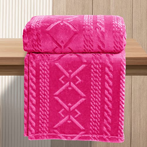 Exclusivo Mezcla Large Flannel Fleece Throw Blanket, 127x152 CM Soft Cozy Decorative Geometry Pattern Throws for Sofa, Hot Pink