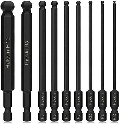 Hakkin Ball End Hex Bits 9Pcs Allen Key Bits 1/4” Hex Shank S2 Steel Phosphate Treatment Magnetic Allen Wrench Screwdriver Bit Metric H1.5-H10 hex Key Set for Furniture Assembly