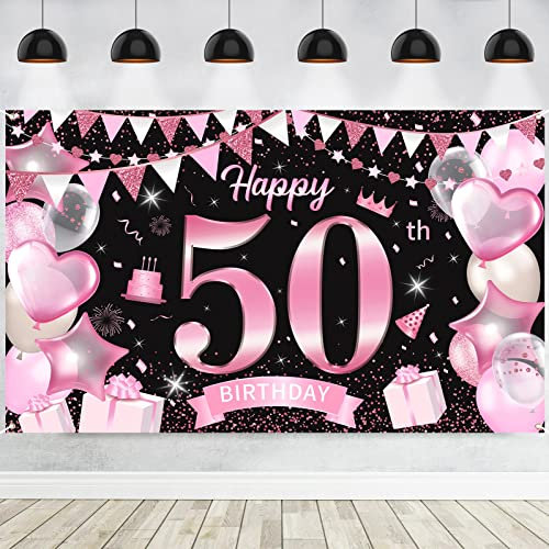 50. Geburtstag Banner für Frau, Große Schwarz Rosa 50 Geburtstag Deko Hintergrund, 50 Jahr Geburtstag Party Poster Zeichen für Outdoor Haus Garten Wand Fotografie Dekoration Zubehör, 72,8 × 43,3 Zoll