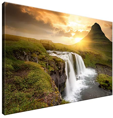 Estika Leinwand bilder - Island, Wasserfall, Sonnenuntergang - 90x60 cm, 1 teilige kunstdruck - Wandbilder wohnzimmer, schlafzimmer, Moderne wanddeko, Bild auf leinwand - Natur bilder - 2050A_1L