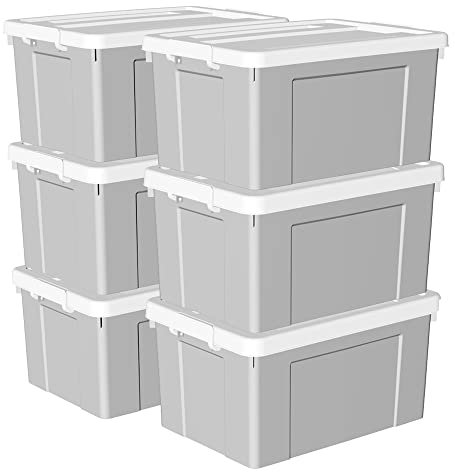 Cetomo 90L*6 Storage Boxes, Plastic Storage Box with Lids, Organizing Container with Secure Latching Buckles, Stackable, Nestable, Tote Bin for Home Office Clothes, 90L-6Pack, Gray