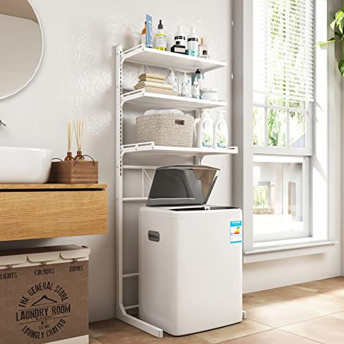 Organisateur de Toilettes sur pied Réglable Support de Rangement pour Étagère à Linge Salle de Bain Espace Économisé, au-Dessus de l'étagère de la Machine à Laver, Rangement pour Lave-Linge Utilitaire