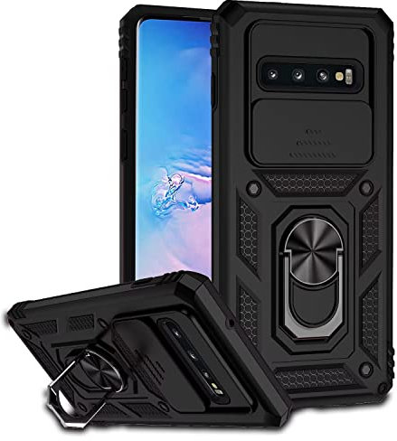 ESONG Cover per Samsung Galaxy S10 PLUS,Custodia Protettiva di Grado Militare con Scorrevole Fotocamera Proteggi,PC&TPU Antiurto Case con 360° Magnetica Anello Supporto,Nero