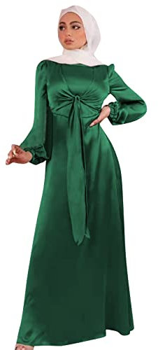 Momolaa Muslimisches Satinkleid für Frauen, weich und elegant, solides langes Kleid, lockeres, langes, lässiges, Elegantes, weiches Kleid Hochzeitskleid (Green, XL)
