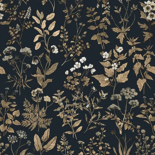 CiCiwind Selbstklebende Tapete Blumen 41x600cm Schwarz Gold Tapete Vintage Blume Blatt Tapete Selbstklebend Wandverkleidung Selbstklebend Möbelfolie Vinyl Klebefolie für Wand Möbel Regal Liner Dekor