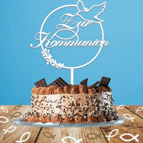 Tortendeko Kommunion,1 Stück Zur Kommunion Cake Topper Taufe Holz & 36 Pcs Holz Fische Kuchen Deko,Torten Topper Kommunion Dekoration für Junge Mädchen