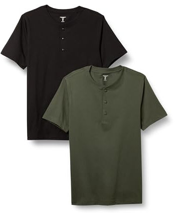 Amazon Essentials Camiseta Entallada de Algodón y Manga Corta Henley Hombre, Pack de 2, Negro/Verde Oliva, M