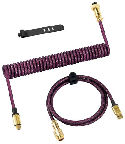 ATTACK SHARK C03 Coiled USB C Cable for Gaming Keyboard, Type-C to USB-A, Custom Braided Double-sleeved Mechanical Keyboard Charger Cable with Gold-plate Detachable Aviator Connector, Deep Rose Red