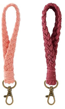 VIDSTW 2 Stück Boho Handgefertigt Geflochten Schlüsselanhänger Schlüsselband Kurz Schlüsselanhänger Armband Hanfseil Geflochtener Schlüsselanhänger für Damen und Herren Leder Rosa