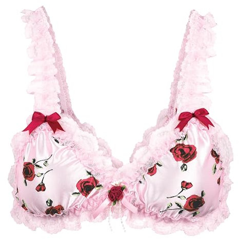 Satini Femminuccia con Volant Pizzo Attillato Raso Bralette Reggiseno (Rosa Pastello - Rose Rosse, M)