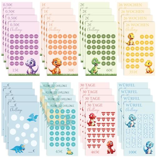 A6 Sparchallenge Budgetplaner (32er Set) - 8 Sparchallenges für Kinder - Budget Planner Deutsch Zubehör - Spar Challenge Set mit DIY | 0.5€ | 1€ | 2€ | 26 Wochen | Kleingeld | 30 Tage | Würfel