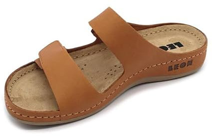LEON 954 Lederschuhe Sandalen Sandalette Clog Pantolette Komfortschuhe Hausschuhe, Damen, Braun, EU 39