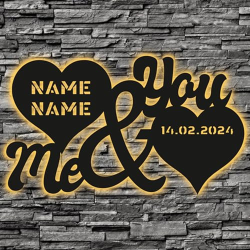 WALUNA® Liebesgeschenk Hochzeitsgeschenk Led in 12 Holzarben zum Jahrestag personalisiert mit zwei Namen und Datum Deko Schlummerlicht Nachtlicht zum Valentinstag