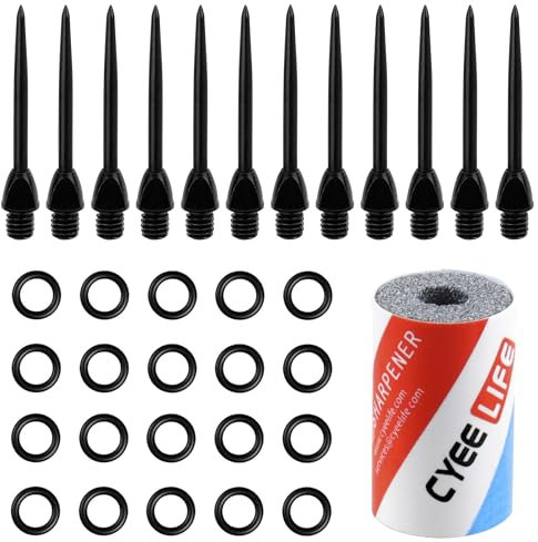 CyeeLife 12 Stück 2BA Steel dartpfeile Spitzen + 20 Stück Gummiringe + 1 Stück Dartpfeile Spitzer,Metallspitzen für Dartpfeile Umrüsten Softdart, Steeldartspitzen Metall,Dart Tip Konverter Tool