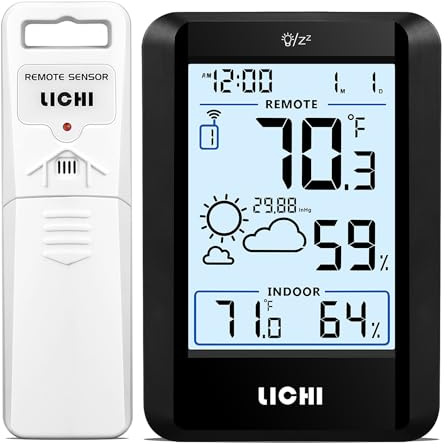 Indoor Outdoor Thermometer Wireless Weather Station External Thermometer Hygrometer Monitor with 330ft Range Remote Sensor, Battery Operated Backlit Display (Black)