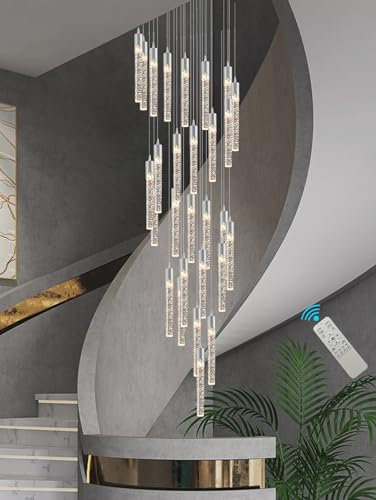 kaixunl Silber, 28 Lichter, großer Foyer-Kronleuchter für 12 Fuß, Kronleuchter für hohe Decken, Eingang, großer Eingangs-Kronleuchter für hohe Decken, langer Kristall, dimmbar 2700 K-4500 K-6000 K