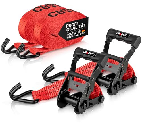 CRAFTIFY® Spanngurte 6m mit Haken | 2 Stück Hochwertige Ratschenzurrgurte - Zurrgurte mit Haken 35mm | 2teilig rot 2000kg | Ladungssicherung, Handwerk, Outdoor, Camping