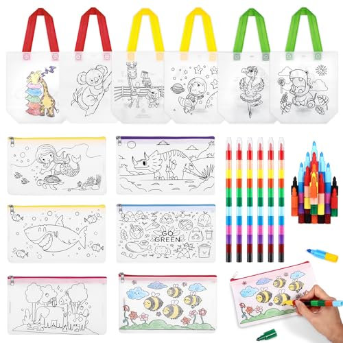 Draupnir 18 Stück Stoffbeutel zum Bemalen Set, DIY Taschen zum Bemalen Federmäppchen zum Bemalen, Wachsmalstifte Stapelbar für Gastgeschenk Bastelset