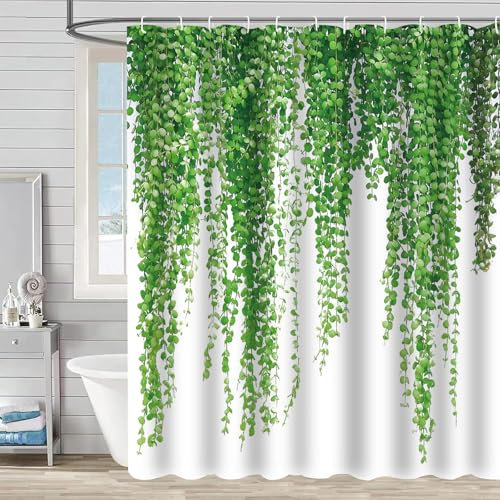 FAIRYGATE Bath Curtains Green Shower Curtain Fabric Set with Hooks Leaf Green Sage to Emerald Green Shower Curtains Bathroom Mould Proof Resistant Waterproof Weighted 180x180 cm B9619