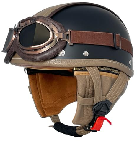 Casco Jet Moto Vintage Omologato ECE Mezzo Pelle Casco Da Motociclista Caschi Cromwell Con Occhiali Portatile Casco A Scodella Per Uomo Donna Scooter Street Cruiser 5,M:56-57CM