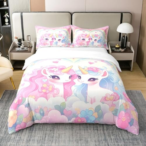100% Bio Baumwolle Kinder Einhorn Bettbezug,Cartoon Einhorn Bettwäsche Abdeckung,Kawaii Regenbogen Bettwäsche Set für Schlafzimmer Dekor,Floral Blume Tröster Bezug,Rosa Pastell Bettbezug 155x220