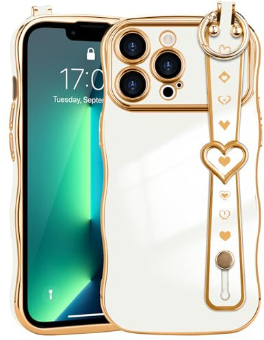 LLZ.COQUE for iPhone 13 Pro Max Case with Strap Cute Love-Heart, Curly Wave Frame Luxury Plating for Women Girls Cover, Shockproof Anti-fall Silicone Phone Case for iPhone 13 Pro Max, White