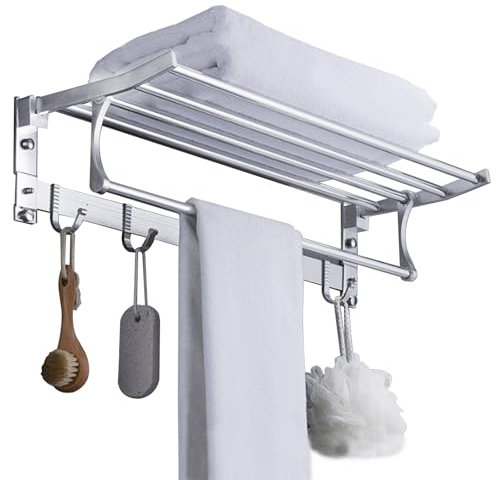 Yabound Towel Rail Wall Mounted, 58 cm/22.83-inch Towel Holder Foldable, Stainless Steel Towel Rack with 5 Hooks, Towel Shelf for Bathroom, Kitchen, Hotel