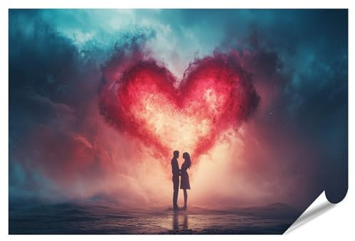 islandburner Prime XXL Bild Poster für romantische Paare, Schlafzimmer: Liebespaar in herzförmigem Wolkenhimmel Premium Bilder Fotodruck