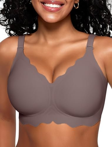 Vertvie Seamless Scalloped Bras for Women No Underwire Wireless Push Up Bra Soft Support Full Coverage Comfort Everyday Bra (Grey,XXL)