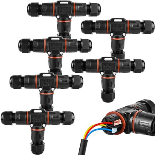 6 pezzi Connettore per cavi a 3 poli, impermeabile IP68 a forma di T per diametro del cavo di 3 – 12 mm, scatola di derivazione impermeabile a 2 vie, per giardino, esterni