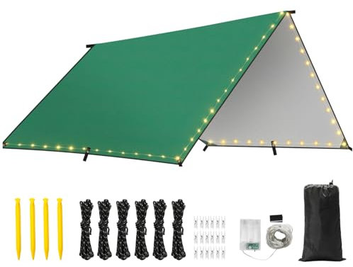 Rhino Valley Lona Impermeable de Camping, 3x3M Lona Grande de Refugio al Aire Libre con Cuerdas Ligeras, Lona Portátil para la Lluvia, Tienda de Camping para Senderismo Viajes Mochilero, Verde