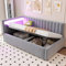 Polsterbett Schlafsofa 90x200, mit LED-Beleuchtung und hydraulischem Stauraum, klassisches vertikales Streifendesign, seitliche Kopfteile mit austauschbaren Positionen, Lattenrost, Samtstoff, Hellgrau