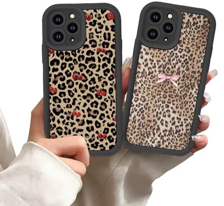Zrutru 2 Pack Cheetah Print Phone Cases for iPhone 12 Pro Case Cherry Bow Leopard,TPU Bumper Shockproof Black Funda for Women Girls Drop Protection Case for iPhone 12 Pro 6.1 Inch
